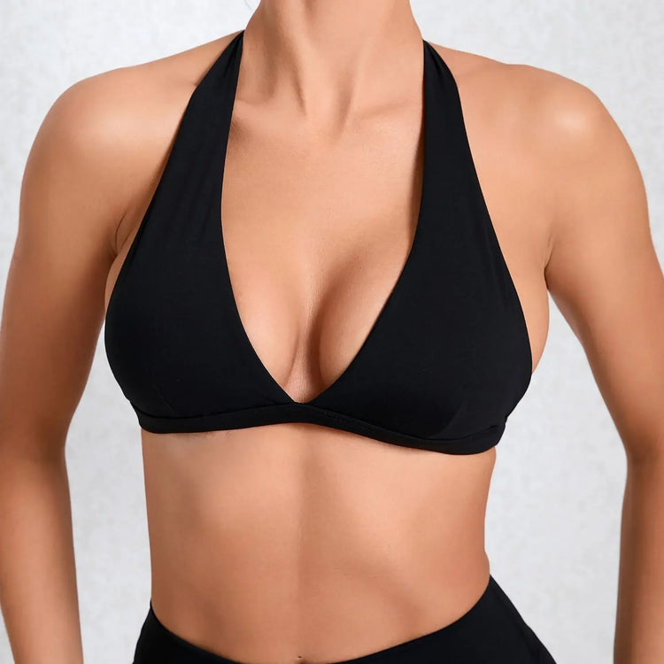 Sexy V-Neck Sport Bra Women Underwear Sportswear Halter Backless Top for Fitness Yoga Wear Female Gym Active Bra with Cups White