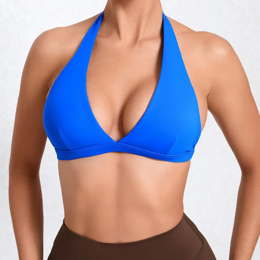 Sexy V-Neck Sport Bra Women Underwear Sportswear Halter Backless Top for Fitness Yoga Wear Female Gym Active Bra with Cups White