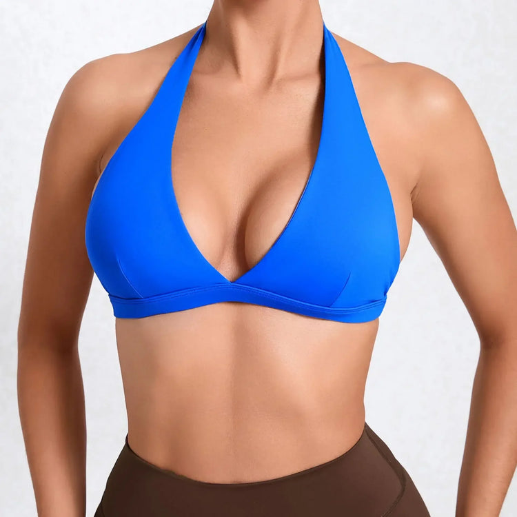 Sexy V-Neck Sport Bra Women Underwear Sportswear Halter Backless Top for Fitness Yoga Wear Female Gym Active Bra with Cups White