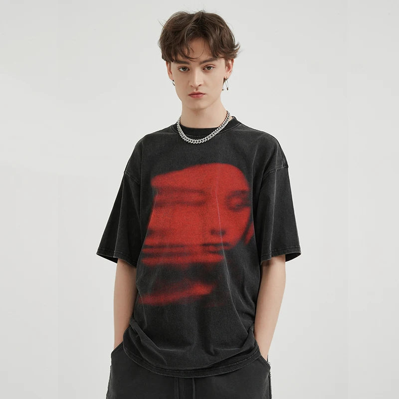 2024 Men Washed Black T-Shirt Harajuku Streetwear Red Face Graphic T Shirt Cotton Vintage Tshirt Hipster Tops Tee Unisex Y2K