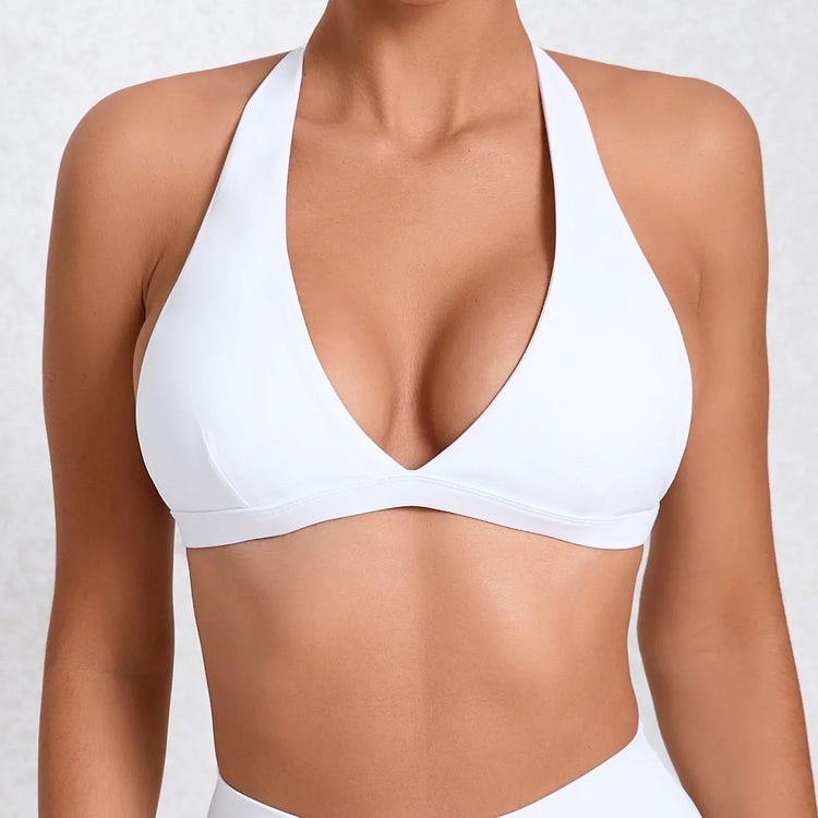 Sexy V-Neck Sport Bra Women Underwear Sportswear Halter Backless Top for Fitness Yoga Wear Female Gym Active Bra with Cups White